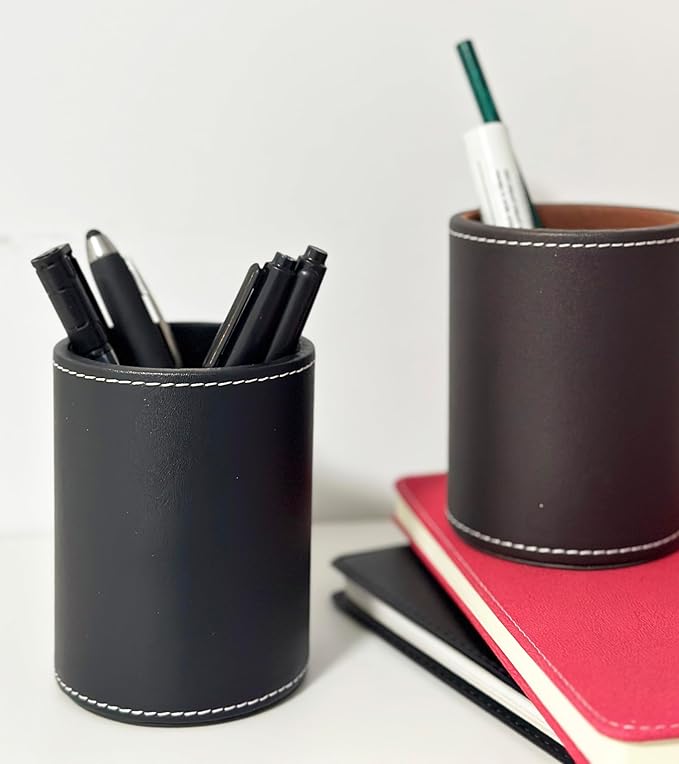 Round Pen Pencil Holder, PU Leather Pencil Cup, Desktop Stationery Organizer, Stand Desk Organizer, Office Accessories Container (Black)