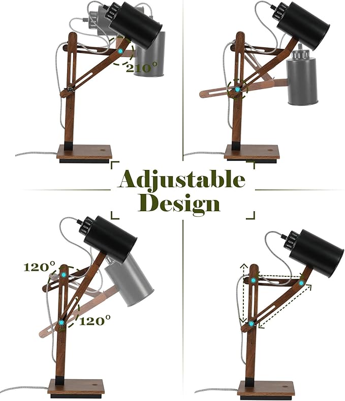 ELYONA Sapele Wood Desk Lamp with Wireless Charging & USB Port, Touch Control Reading Task Light,Adjustable, Swing Arm Table Lamp for Bedroom, Study Work, Office, Dorm, LED Bulb Included, Black