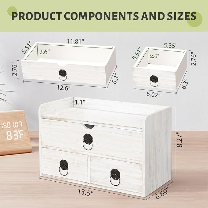Wood Desk Organizer with Drawer, White Wooden Desktop Organizer, Tabletop Storage Organization Box for Countertop, Home Office Supplies (3 Drawer and Shelf)