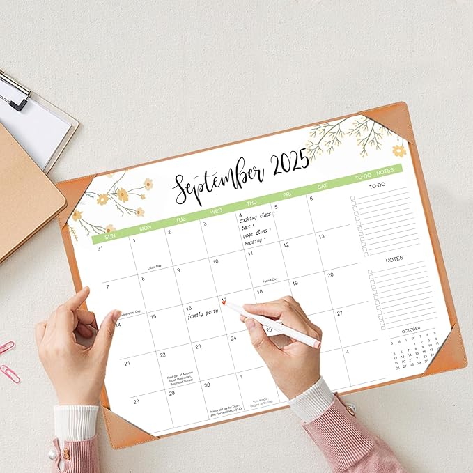 Desk Calendar 2025-2026 with Desk Mat – 22" x 17" Large Desk Pad Calendar Runs From Sep 2025 to Dec 2026, Floral Design Desktop Calendar for Home, Office