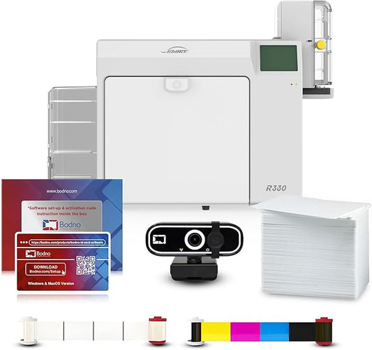 Bodno Seaory R330 Retransfer Dual Sided ID Card Printer & Complete Supplies Package ID Software and Camera - Bronze Edition