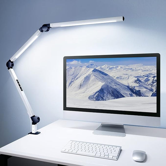MediAcous LED Desk Lamp with Clamp, Dual Light Desk Lamp with Swing Arm, Dimmable 4 Color Modes & 4 Brightness Table Lamp, Eye-Caring Clip-on Lamp with Memory Function for Home Office, White