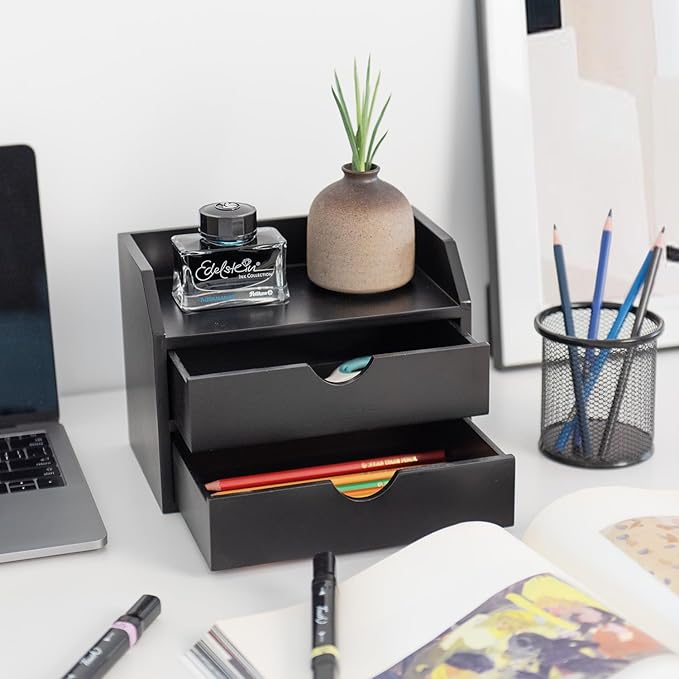 ROSE BLOOM Black Wood Desk Organizer with 2 Drawer, Mini Cute Cabinet with Storage Shelf for Tabletop, Small Desktop Box Organizer for Cosmetic Office Supplies