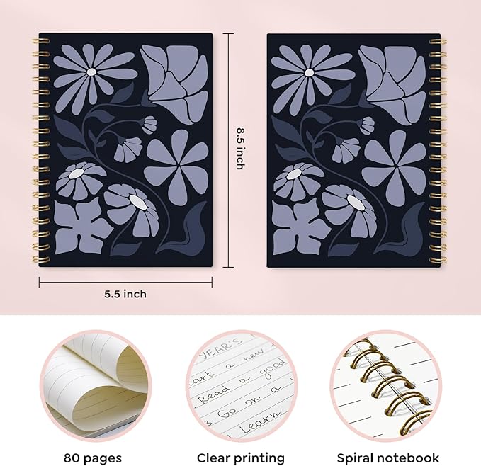 VONTP Boho Abstract Floral Spiral Notebook, Blue Abstract Flower Aesthetic Journal, Boho Office Supplies, Botanical Floral College Ruled Notebook Journal for Writing, 5.5x8.3