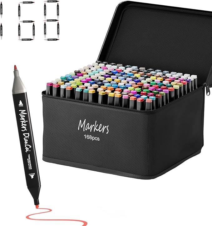 wyewye Alcohol Markers, 168 Colors Dual Tip Permanent Art Marker Set for Kids, Coloring Painting Supplies Sketch Drawing Pens for Adults, Holiday Present for Boys Girls Students (Black)