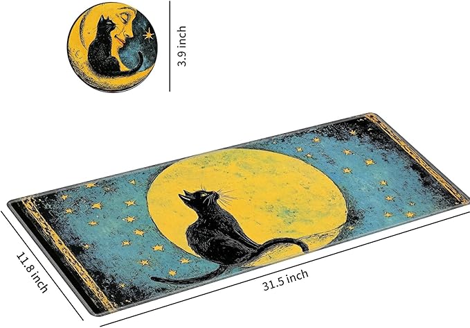 Desk Mat Large Gaming Mouse Pad (31.5x11.8 inch) with Stitched Edges, XL Mouse Pad +Coaster, Extended Mouse Mat Keybroad Mousepad Non-Slip Rubber for Gamer Men Women, Black Cat Moon