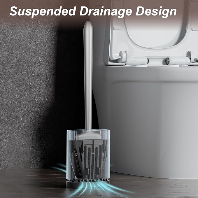 Sellemer Toilet Brush and Holder Set - Flexible Toilet Bowl Brush Head with Silicone Bristles, Compact Size for Storage and Organization, Ventilation Slots Base (1 Pack, Silver)