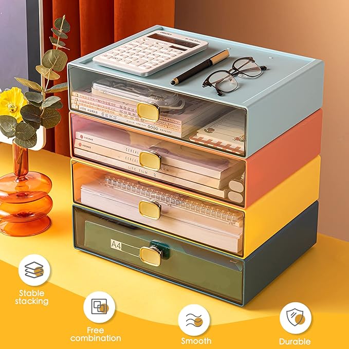 Stackable Desk Drawer Organizer 13''x9''x3.3'' Desktop Paper Organizer for Printer Paper File Office Drawer Organizer Box Clear Storage Drawer for Stationery, School, Dorm(Yellow,L-1 Drawer)