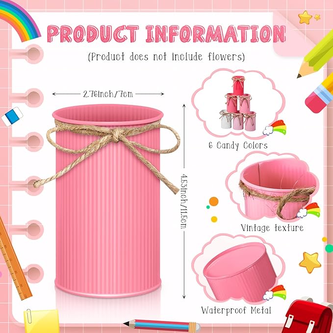 Domensi 6 Pcs Pink Pen Holder Cup for Desk Pencil Holder Marker Pen Metal Organizer Wedding Table Centerpiece Small Galvanized Metal Tin Vases for Artificial Flowers Office Stationery Storage