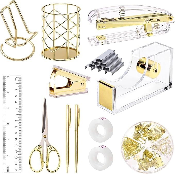 Office Supplies,Desk Accessories,with Stapler,Tape Dispenser,Pen Holder Cup for Desk,Staple Remover,Scissor,Ballpoint Pen,Clear Tape, Staples,Phone Stand,Ruler,Binder,Best Gift Set(Gold)
