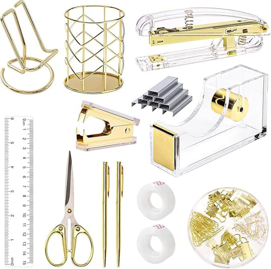 Office Supplies,Desk Accessories,with Stapler,Tape Dispenser,Pen Holder Cup for Desk,Staple Remover,Scissor,Ballpoint Pen,Clear Tape, Staples,Phone Stand,Ruler,Binder,Best Gift Set(Gold)