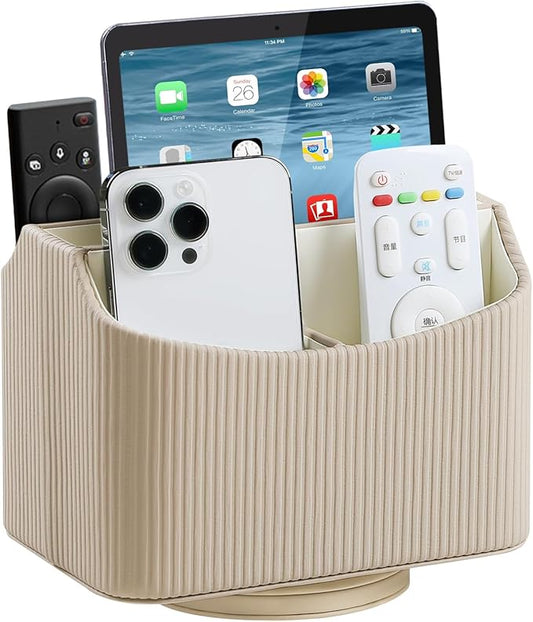 PU Leather Remote Control Holder, 360 Degree Rotating Desk Organizer Storage Table Remote Caddy, Spinning Bedside Organizer Nightstand Organizer for Desktop Office Home (Beige)