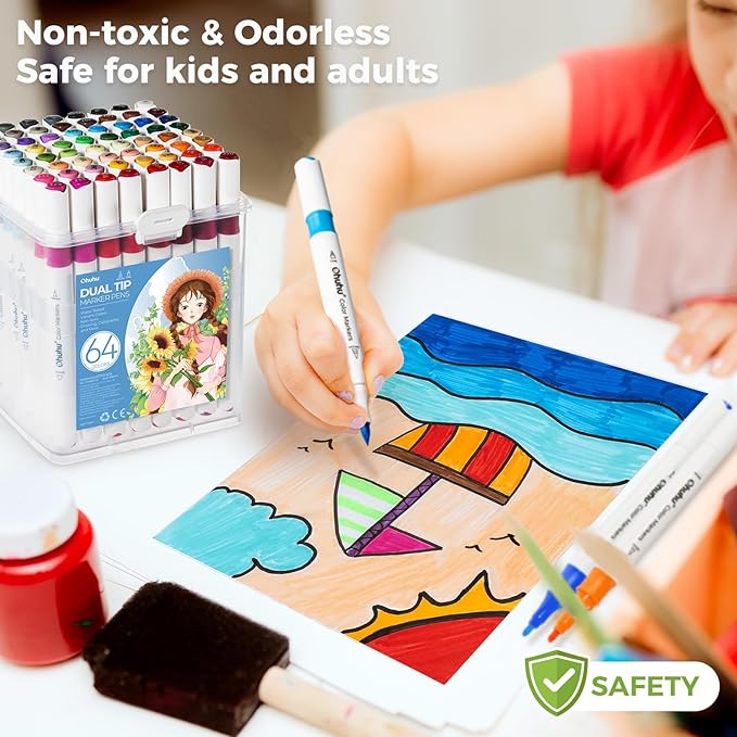 Ohuhu Water-based Markers for Adult Coloring Books No Bleeding 64 Colors Dual Tips Coloring Markers for Kids Adults Beginners Drawing Pens for Journaling Lettering (Brush & Fine)