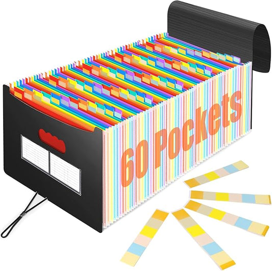 AFMAT AF01 Accordian File Organizer, 60 Pockets Large Expanding File Folder Organizer with Blank Labels, Letter/A4 Size Accordion Files Organizers Expandable for Receipt, Bill, Tax, Legal