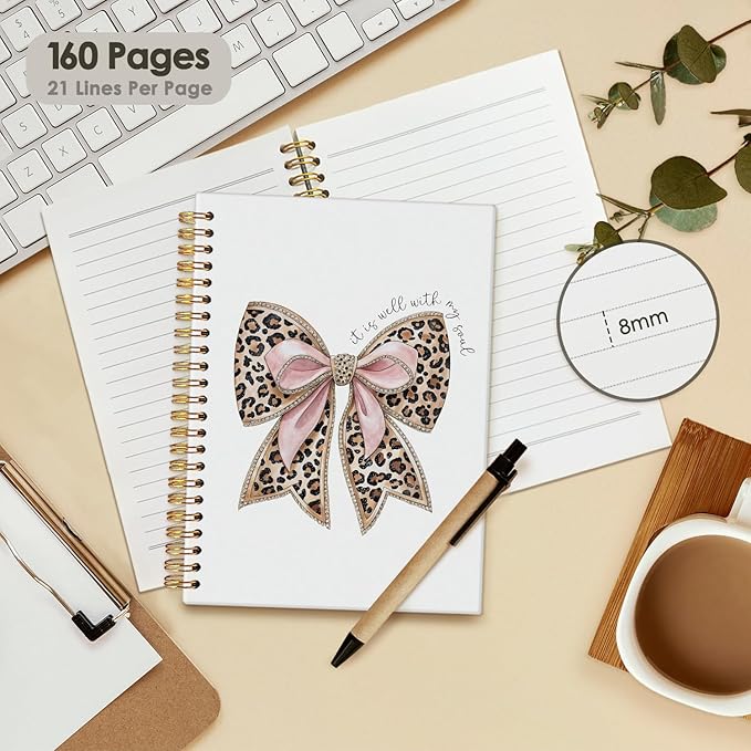 Leopard Coquette Bow Christian Spiral Notebook, Christian Notebook for Women, Religious Prayer Journal for Woman, It is Well with My Soul Scripture Hardcover Notebooks 5.5x8.3