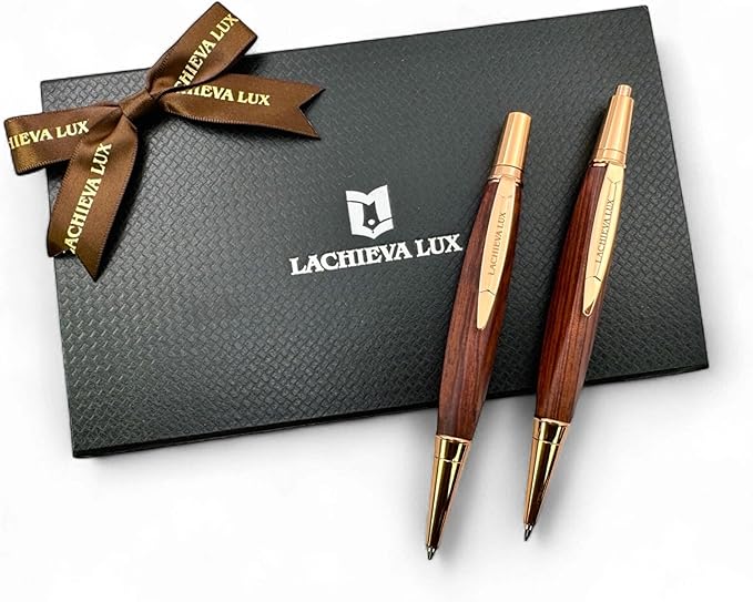LACHIEVA LUX Rosewood Ballpoint Pen and Mechanical Pencil Set – Triangle Grip, Luxury Gift for Men and Women, Includes Refills and Gift Box