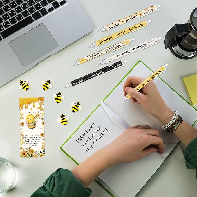 60 Sets Christmas Inspirational Gifts Bee Pencils Bulk 6 Styles 0.7 mm Mechanical Pencils with Erasers Positive Cards for Xmas Holiday for Student Teacher Coworker School Office Supplies