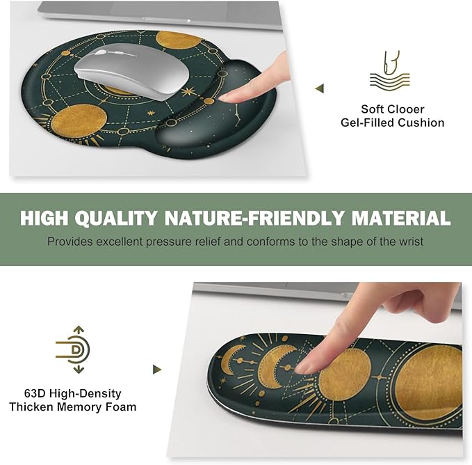 Large Desk Mat, Gaming Mouse Pad, Desk Pad Protector, XXL Mousepad + Keyboard Wrist Rest+Mouse Wrist Rest+Coaster Ergonomic Desk Pad for Home Office Decor, Dark Green Gold Moon Phases Constellation