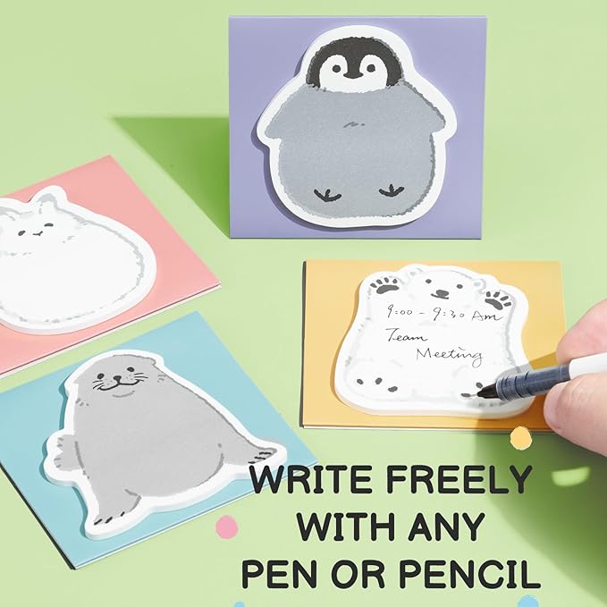 M&G Chubby Animal Sticky Notes, 4 Pads 120 Sheets, 3 x 2 Inch Cute Cartoon Memo Pads, Foldable Stand Self-Stick Notes for School Office Home