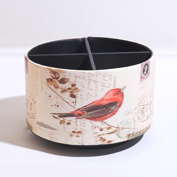 360° Rotate Desk Pen Organizer, Makeup Brush Holder Organizer, Makeup Organizers Countertop, TV Remote Control Holder,Leather Remote Caddy,Dual-Purpose Art Supply Pencil Cup (Bird)