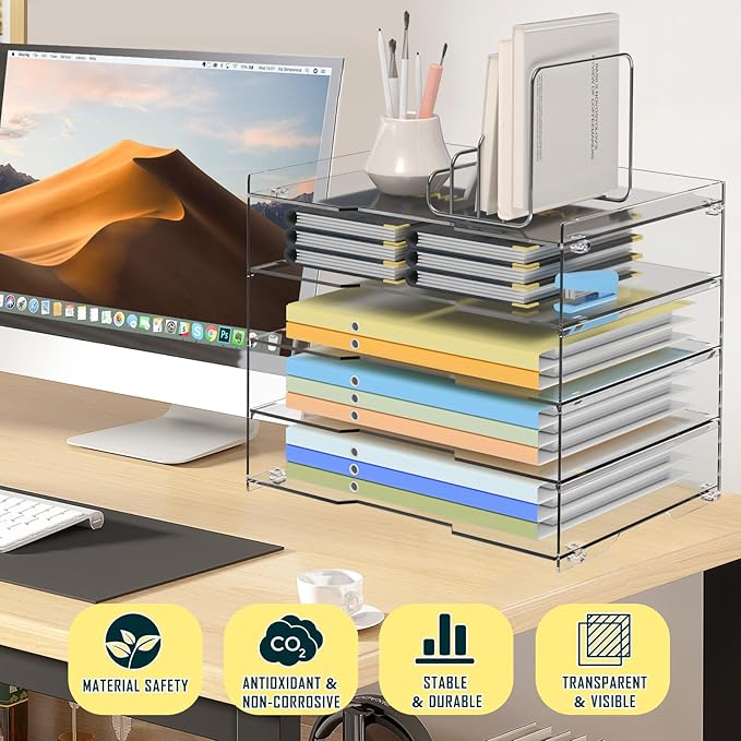 KKU 5 Tier Clear Acrylic Desk Organizer, Letter Tray Paper File Desk Organizer and Accessories For Office Supplies