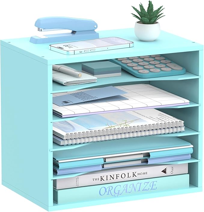 5-Tier Wood Desk Organizer, Paper Tray Organizer for Desk with Adjustable Storage Shelves, Desktop Paper Sorter Mail Holder for Office Home Classroom, Blue