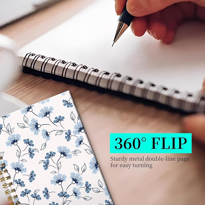 Spiral Notebook Journal for Women Men, A5 Hardcover Journal, 120 Pages Thick Paper, College Ruled Writing Notebook for School, Work & Office 8.3'' × 5.9''(Blue Flower Leaf)