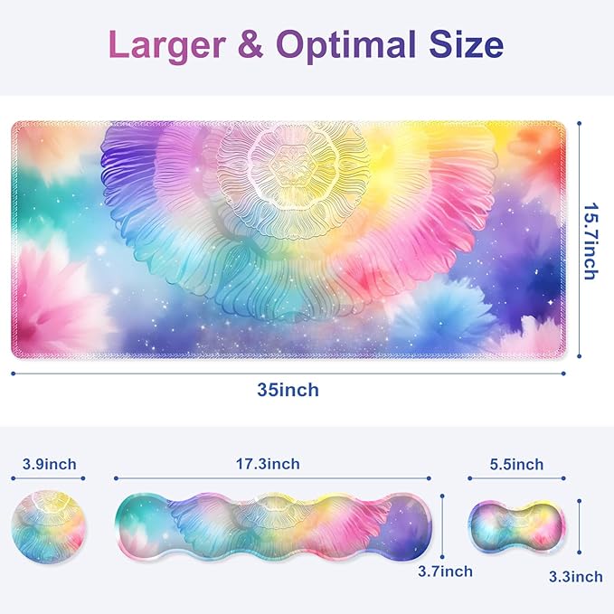Desk Mat Gaming Mouse Pad, Cute Desk Matt Keyboard Wrist Rest for Desktop, Anti-Slip Big Mousepad Stitched Edges, XXL Large Mouse Pad with Wrist Support for Home Office Computer I Dreamy Colors