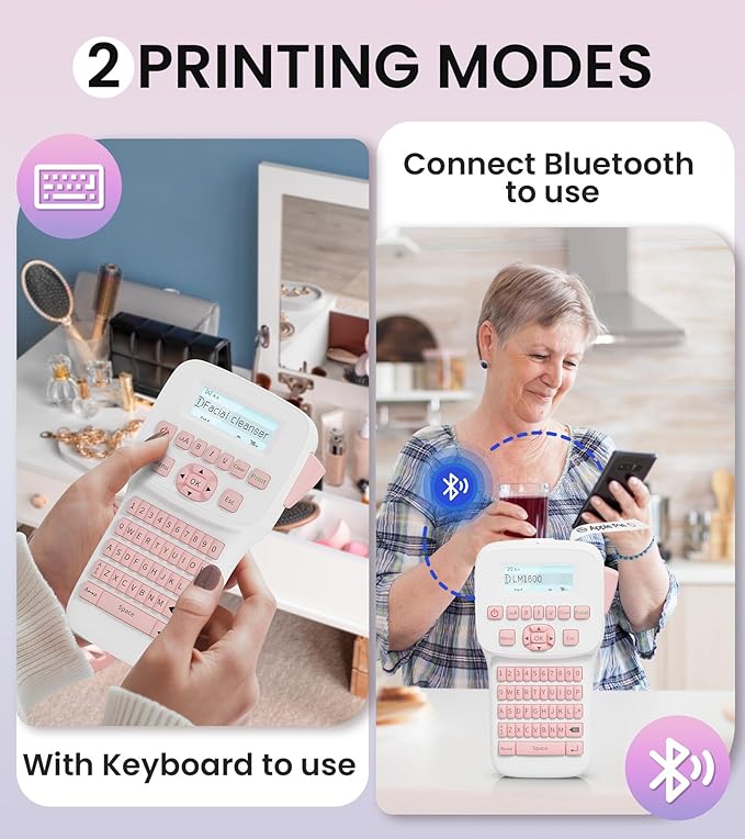 Pink Label Maker Handheld, Rechargeable Bluetooth Label Maker Waterproof-Labels, Keyboard Labeler Machine, Backlit Display, Multiple Symbol Icon Style Templates for Home Office Organization, LM1600