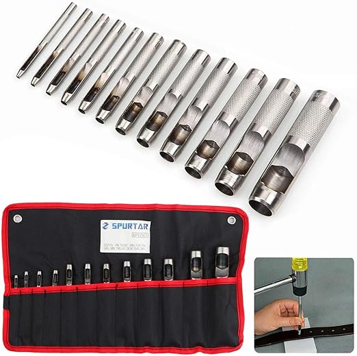Spurtar 12 PCS Steel Hollow Leather Punch Set 1/8''-3/4''(3-19mm) Heavy Duty Round Hole Punch Set Leather Hole Tool for Watch Cloth Belt Gaskets w/Storage Bag