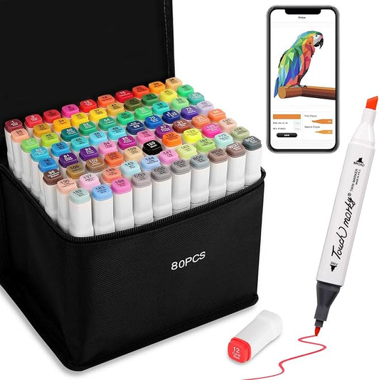 80 Colors Alcohol Markers with Free App, Chisel & Fine Tip Alcohol-Based Marker Set for Adults Kids, Dual Tip Artist Markers for Drawing, Coloring Illustration, Painting and Great Gift Idea