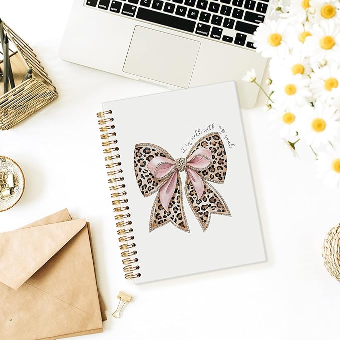 Leopard Coquette Bow Christian Spiral Notebook, Christian Notebook for Women, Religious Prayer Journal for Woman, It is Well with My Soul Scripture Hardcover Notebooks 5.5x8.3