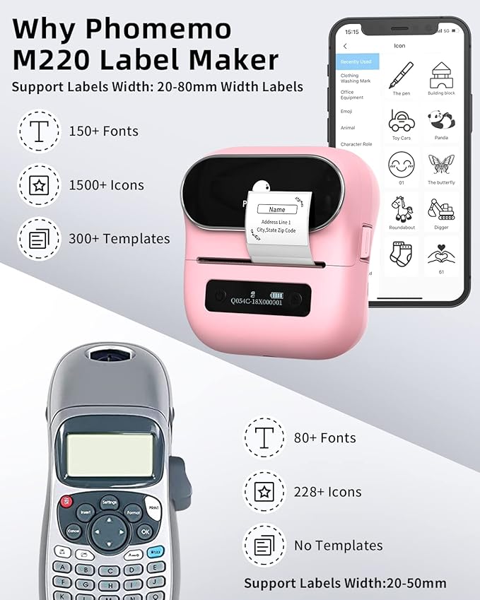 Phomemo M220 Bluetooth Label Maker Machine,Label Printer for Small Business, Office, Home & School, Portable Label Maker with 700+ Templates,400+ Fonts,6000+ Icons, Compatible with Phone, PC