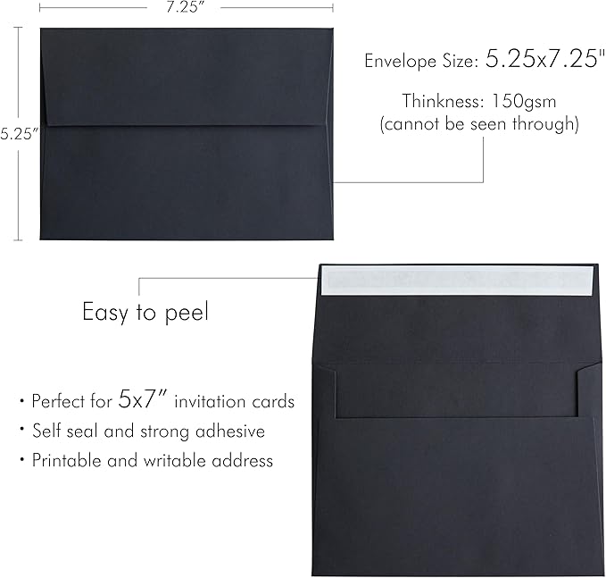 PONATIA 50 Pieces 5x7 Envelopes, A7 Envelopes Self Seal for Weddings, Invitation Cards, Photos, Postcards, Greeting Cards Mailing, Baby Shower, Graduation, Christmas Gift Cards (Black)