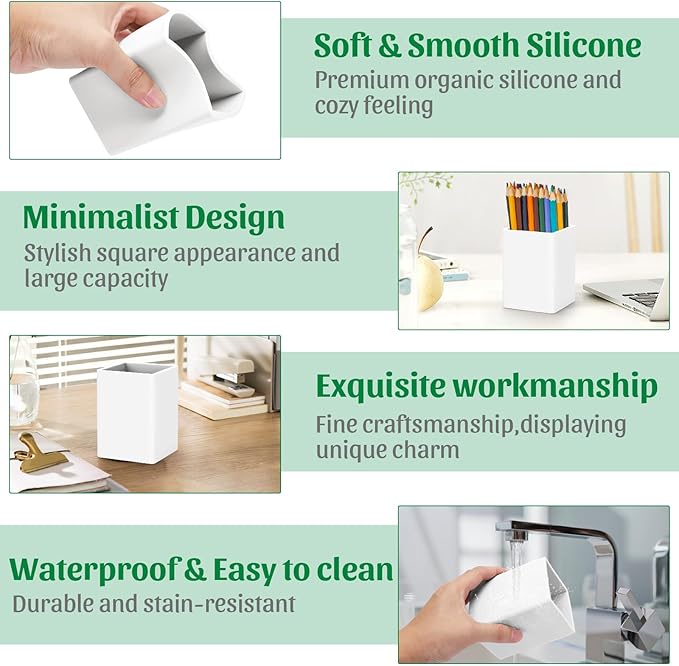 Pen Holder for Desk,Nordic Elegance Square Silicone Pencil Holder Soft Minimalist Desk Pen Cup Stand Waterproof Multifunctional Office Supplies for Home,Kids and School(White)
