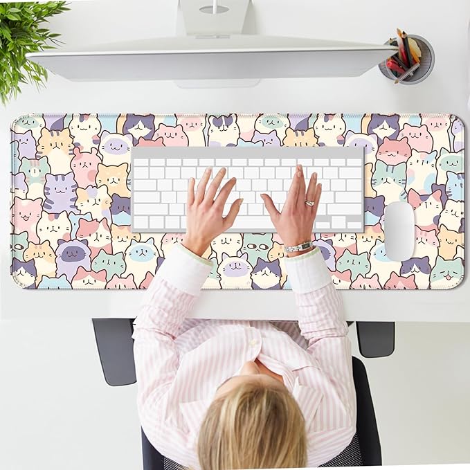 Pink Cat Gaming Mouse Pad, Extended Large Kawaii Desk Mat, Computer Keyboard Laptop Mousepad for Work, Office and Home, XL