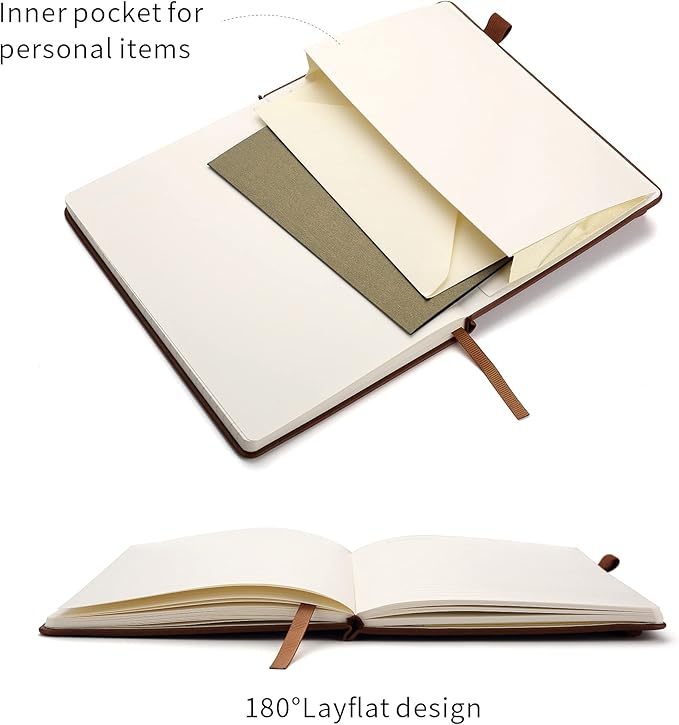Deziliao Lined Journal Notebooks with Pen Loop, Hardcover Notebook Journal for Work, 100Gsm Premium Thick Paper with Inner Pocket, Medium 5.7"x8.4", （Brown, Ruled）