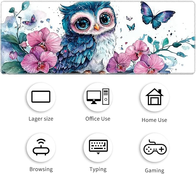 Desk Mat Large Gaming Mouse Pad (31.5x11.8 inch) with Stitched Edges, XL Mouse Pad +Coaster, Extended Mouse Mat Keybroad Mousepad Non-Slip Rubber for Gamer Men Women, Blue Owl