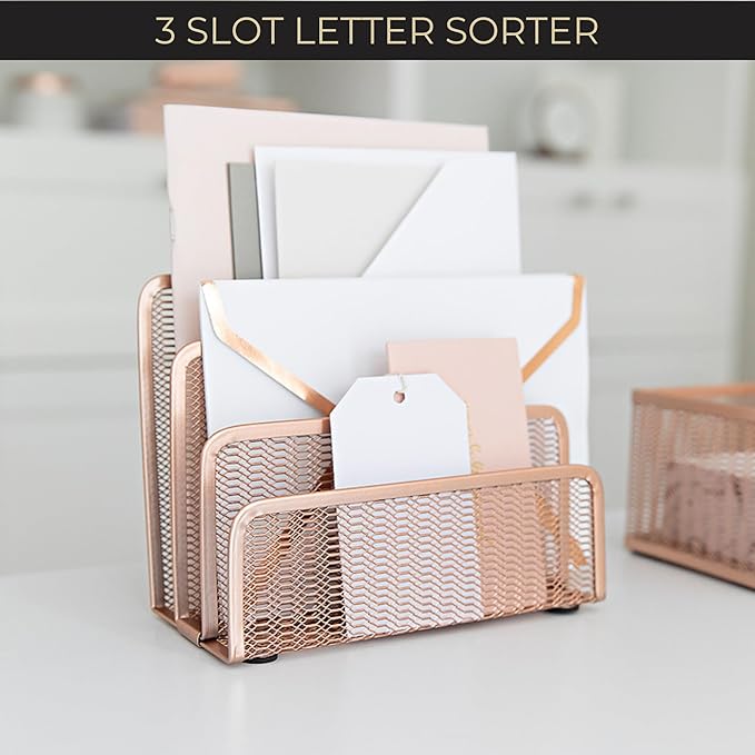 Blu Monaco Rose Gold Metal Mesh Letter Sorter – 3-Slot Mail Organizer for Desk, Office & Home – Space-Saving Vertical Mail Holder for Envelopes, Documents & Files – Modern Desk Organizer