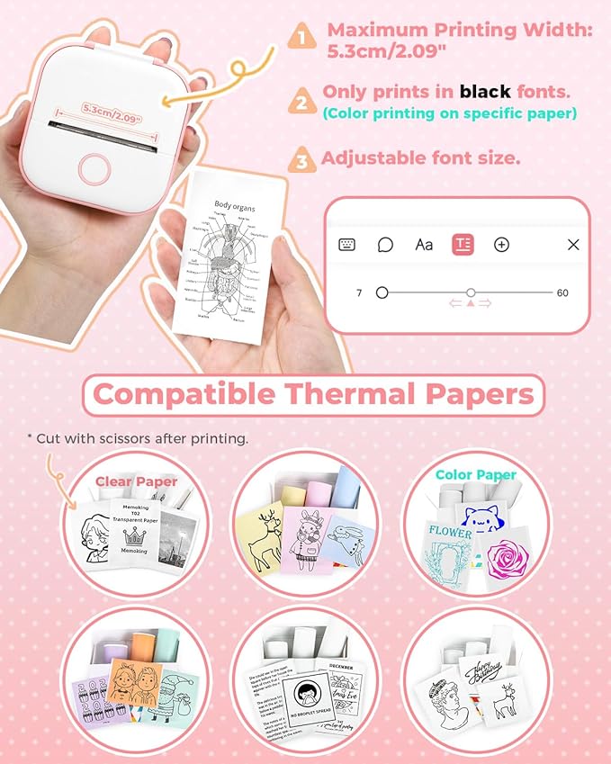 Memoking Mini Sticker Printer - T02 Mini Thermal Printer Wireless Inkless Label Maker Portable Sticker Maker for Student Birthday Gift, Compatible with iOS & Android, Pink