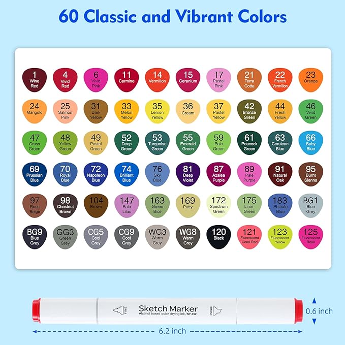 HOMSAILMO-60 Color Alcohol Marker Painting Set, Chisel and Exquisite Double Headed Adult Coloring Pen, Non Bleeding, Creative Drawing, Sketching, Illustration, Card Making, Artist Gift, Ergonomic Grip