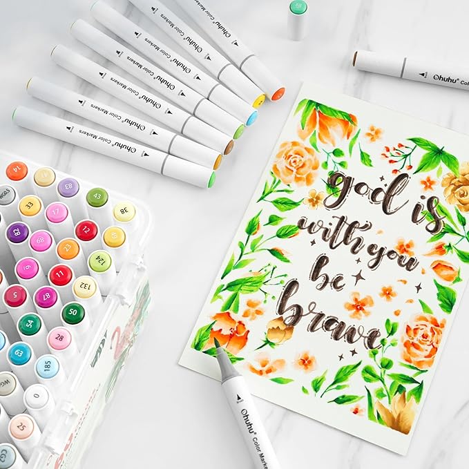 Ohuhu Markers for Adult Coloring Books No Bleeding 116 Colors Water-based Dual Tips Brush & Chisel Coloring Markers for Kids Adults Beginners Drawing Pens for Journaling Lettering