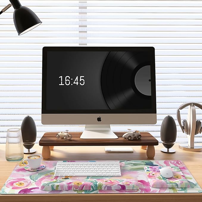 iCasso Mouse Pad with Wrist Rest,Large Desk Mat Set,Ergonomic Keyboard Pad with Wrist Support,Non-Slip Mouse Mat for Women,Cute Floral Computer Mat for Home Office Gaming (Watercolor Flowers)