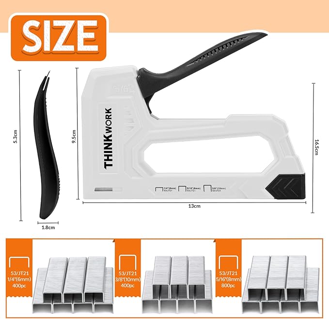 THINKWORK Light Duty Staple Gun - Upholstery Staple Gun for Wood with 1600pcs JT21 Staples 1/4", 5/16", 3/8" and Staple Remover, Fabric Stapler Gun for Crafts, Home Use, Wall, DIY, Lights Decora, Grey