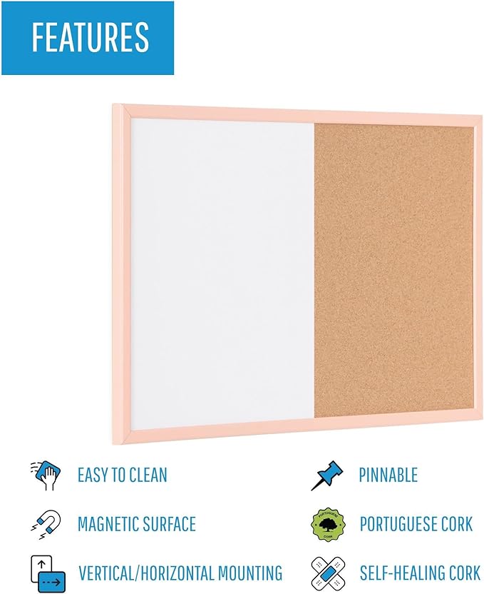 MasterVision Pastel Collection Combo Dry Erase Whiteboard/Cork Bulletin Board, Salmon Colored MDF Frame, 23.62" x 17.72"