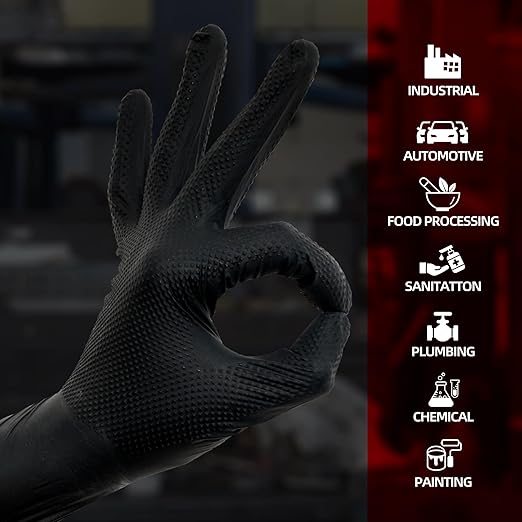 Jointown Basic Heavy Duty Nitrile Gloves, Mechanic Gloves 8 Mil Nitrile Disposable, with Raised Diamond Texture, Case of 100, Black, XLarge