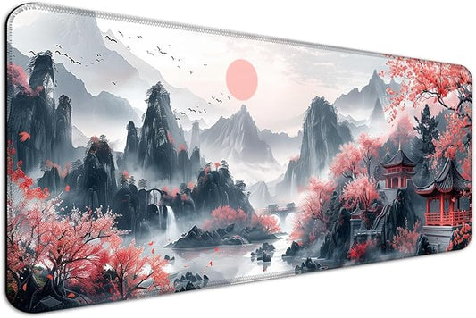 Japanese Cherry Blossom Desk Mat, Watercolor White and Pink Sakura Extended Large Gaming Mouse Pad, Computer Keyboard Laptop Mousepad for Work, Game, Office and Home, XL