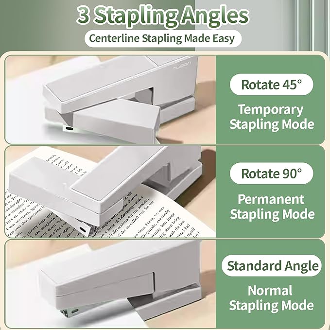Swing-Arm Desktop Stapler, 360° Rotating Base, 25-Sheet Capacity, Fits 24/6 & 26/6 Staples, Durable Metal Build with Non-Slip Pad for Office & Home Use (White)