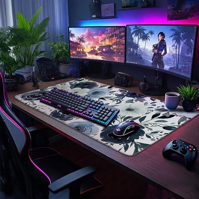 Large Gaming Mouse Pad 31.5x15.7 Inch, XXL Mousepad with Non-Slip Rubber Base & Stitched Edges, Extended Desk Mat for Computer/Laptop/Office/Home Navy Blue and White Watercolor Floral