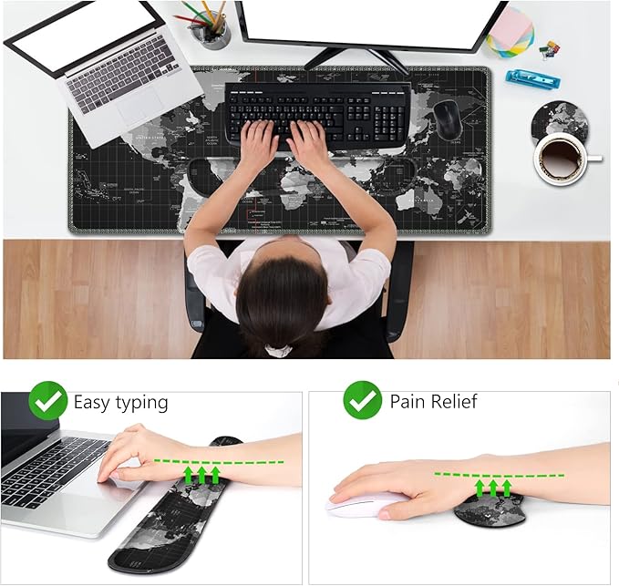 AIMSA Large Gaming Mouse Pad Set, Keyboard Wrist Rest Support Mouse Pad, Ergonomic Memory Foam Multifunctional Extended Desk Mat 35x15.7in Anti-Slip Rubber Base for Office Home, Black World Map